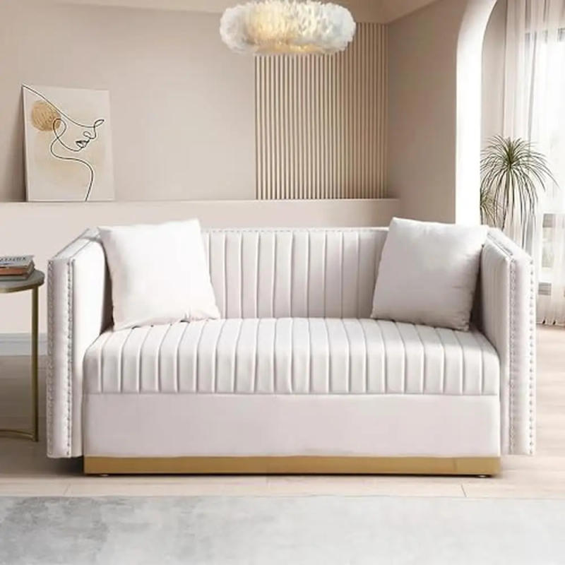 Description Picture 5 of itemVelvet Channel Tufted Sofa Set with Nailhead Trim and Gold Metal Legs Modern Living Room Furniture Apartments Sturdy Wood Frame