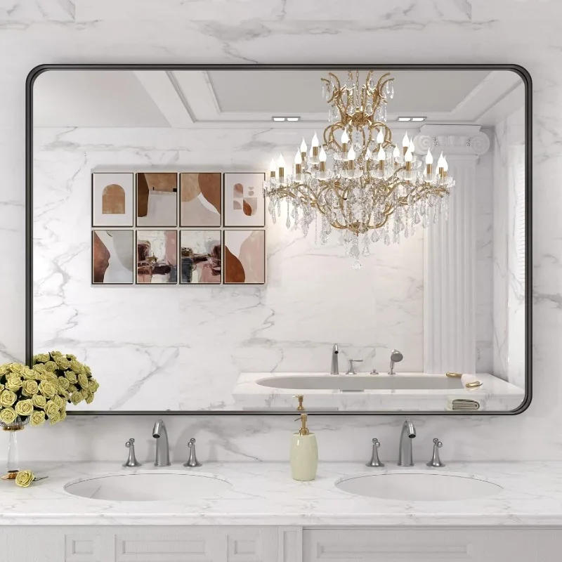 Description Picture 4 of item48X32 Inch Black Metal Framed Bathroom Mirror for Wall Matte Black Bathroom Vanity Mirror Farmhouse Large Rounded Rectangle