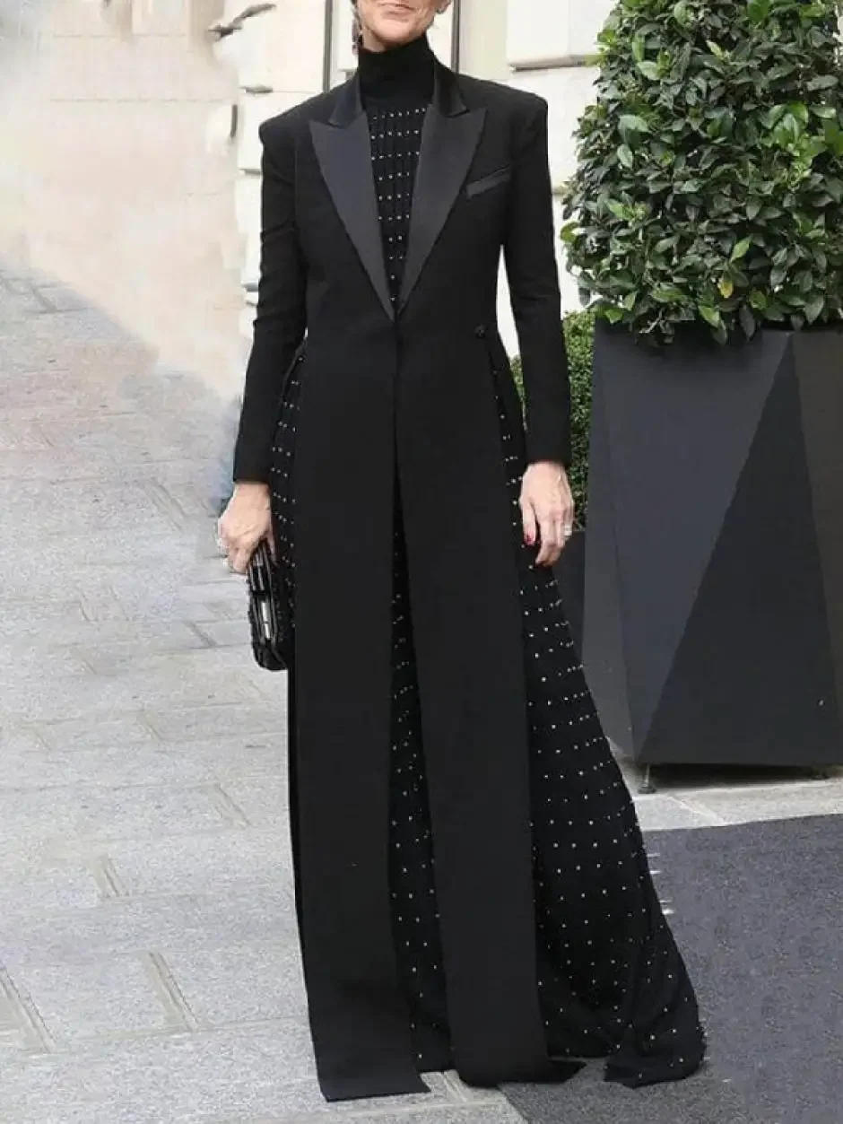 Description Picture 4 of itemBonboho 2024 Women's Elegant Blazer Jacket Solid Black Slim Long Sleeve Extra-Long Splited Blazer Coat Female Formal Outerwear