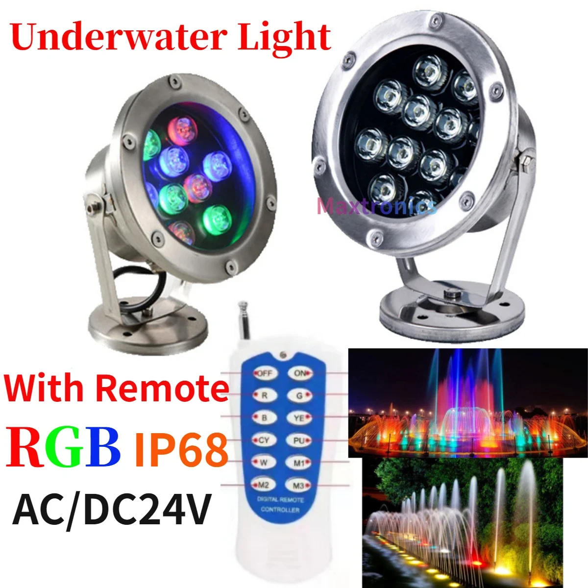Description Picture 2 of itemAC24V RGB Fountain Light 6/9/12/15/18/24/36W Outdoor Garden Landscape Pool Spotlight LED Underwater Lamp With Remote Control