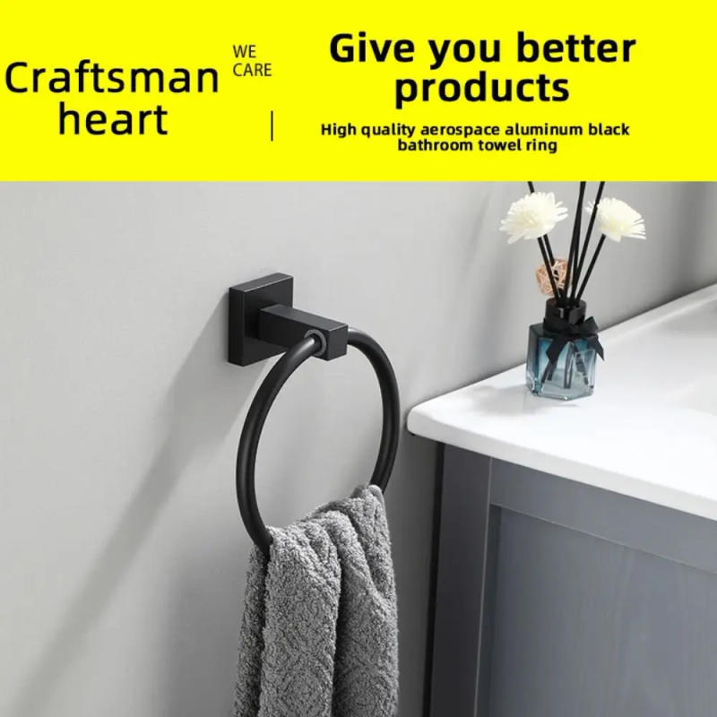 Description Picture 4 of itemBlack Stainless Steel Hand Towel Ring Wall Mounted Square Base Towel Racks Easy Installation Towel Holder Home