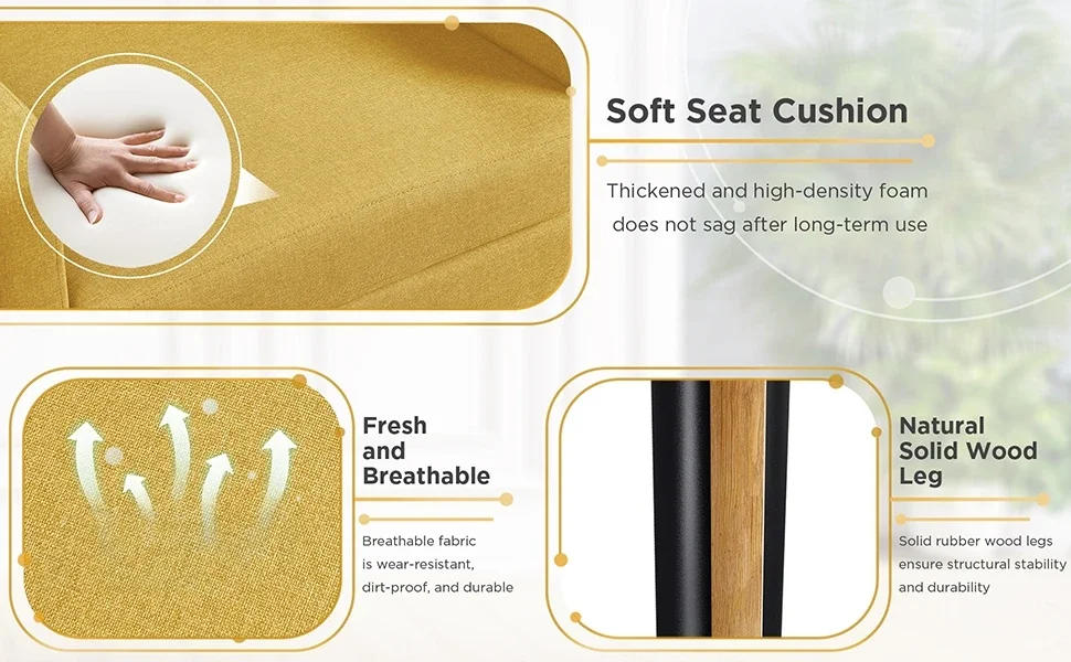 Description Picture 4 of itemMid-Century Accent Chairs, Cozy Armchair Button Tufted Back and Wood Legs for Bedroom/Office/Cafe, Yellow, Accent Chairs