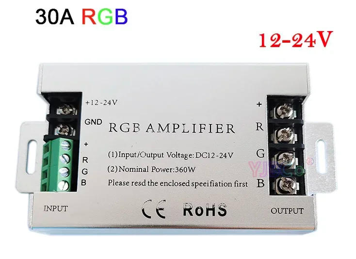 Description Picture 2 of itemIron/Aluminum shell 360W RGB LED strip Amplifier 5V 12V 24V DC Signal Repeater RGB Light Tape Controller