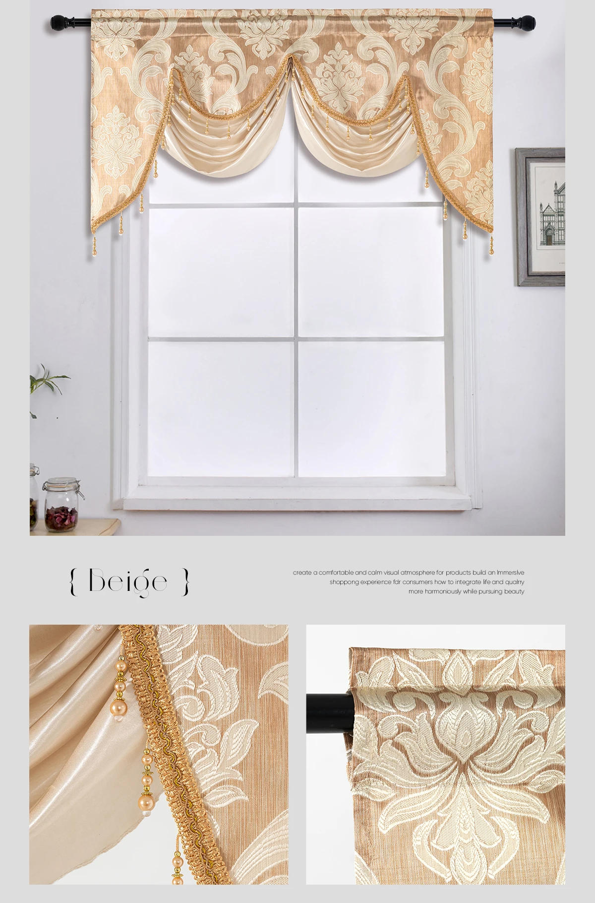 Description Picture 5 of itemEuropean Style Tassel Floral Window Valance for Living Room Luxury Jacquard Fabric Curtain Head Window Curtain Home Decor 1PC