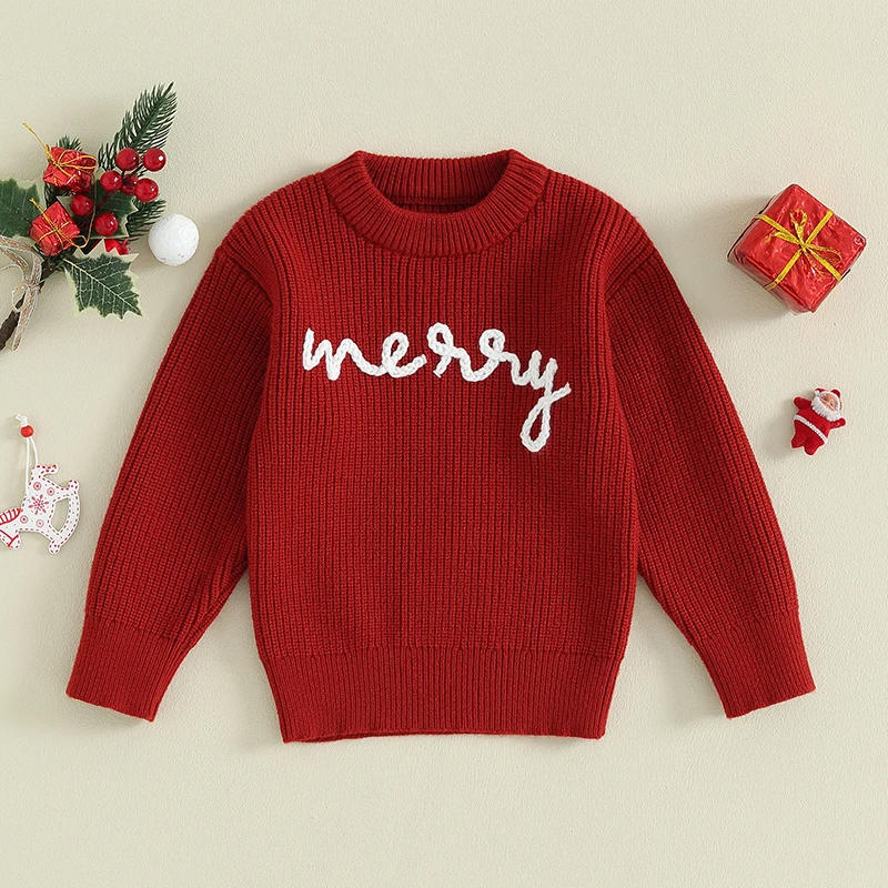 Description Picture 2 of itemKids Christmas Sweater Long Sleeve Crew Neck Letters Warm Winter Sweater Clothes for Girls Boys