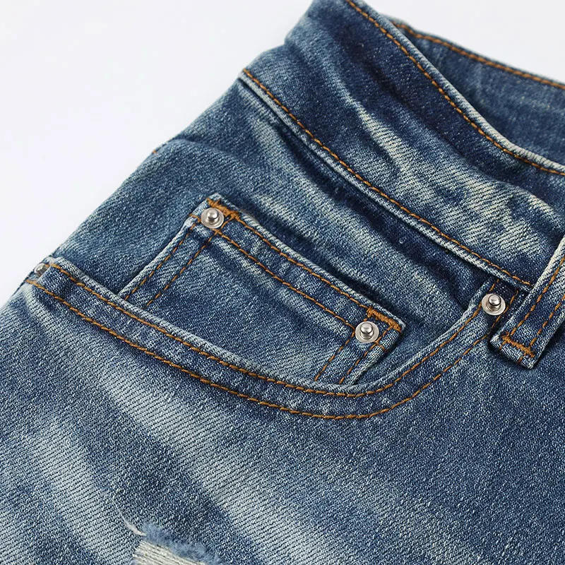 Description Picture 4 of itemHigh Street Fashion Men Jeans Retro Light Blue Stretch Skinny Fit Ripped Jeans Men Bandana Patched Brand Designer Hip Hop Pants