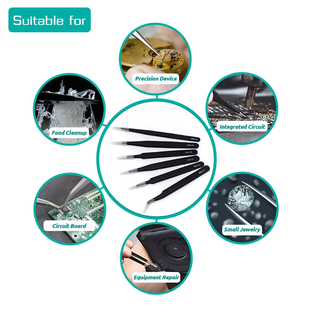 Description Picture 3 of itemESD Anti-Static Stainless Steel Tweezers Precision Maintenance Industrial Repair Curved Tool Home Working Model Making Hand Tool