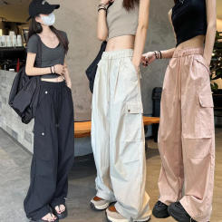 American Style Quick Dry Work Pants Women Summer Ice Silk Cuffed Trousers Multi Pocket Climbing Mountain Wide Leg Sports Pants