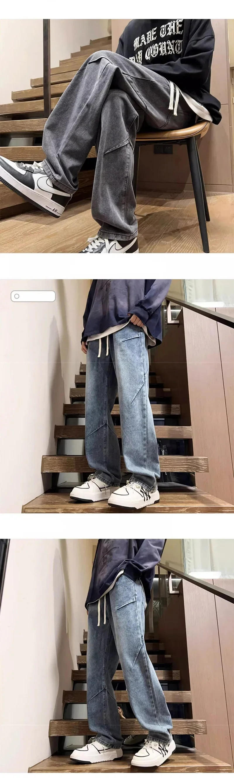 Description Picture 5 of itemNew Hip Hop Fashion Drawstring Jeans Men's Streetwear Vintage Wide Leg Straight Denim Trousers Y2K Baggy Pantalones Hombre