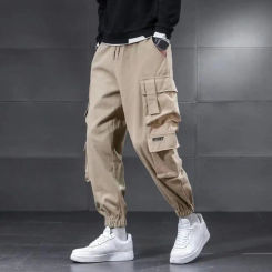 Men Cargo Pants Drawstring Elastic Waist Ankle-banded Multi Pockets Pants American Style Solid Color Daily Sports Long Trousers
