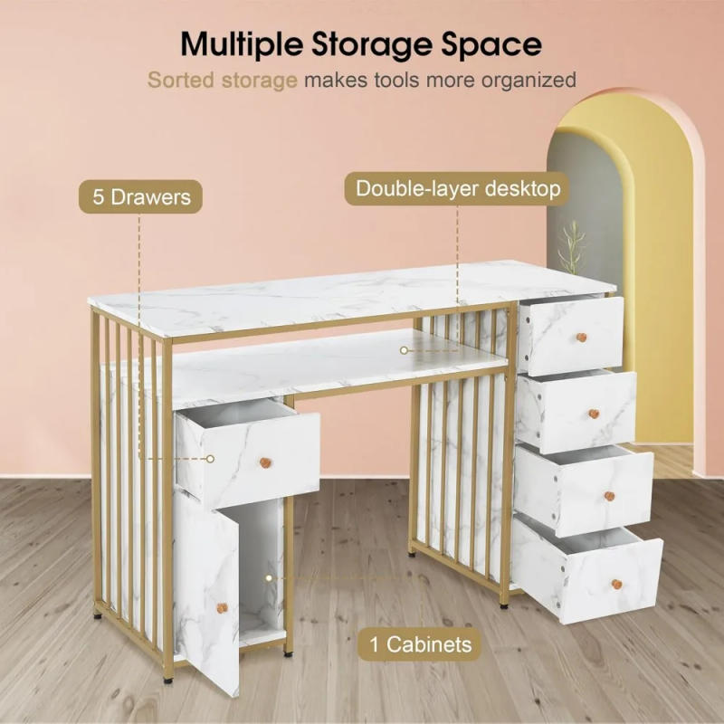 Description Picture 4 of itemNail Desk with Storage Cabinet Manicure Table with 5 Drawers Makeup Storage Home Beauty Salon Spa Workstation with Metal Frame