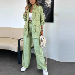 Elegant Casual Single Breasted Lapel Shirt Coat & Work Pants Sports Suit Women's Retro Loose Large Pocket Solid Color Set