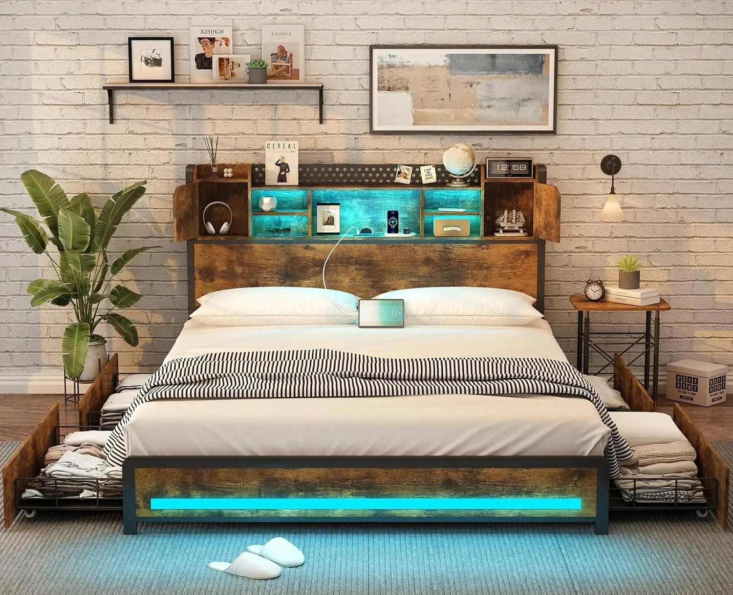 Description Picture 4 of itemQueen Bed Frame with Storage Drawers and Bookcase Headboard, LED Bed Frame Queen Size with Type-C & USB Ports