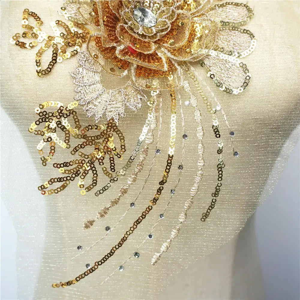 Description Picture 5 of itemGold Silver Sequined 3D Flower Tassel Appliques Embroidered Lace Mesh Rhinestone Sew On Patches For Wedding Dress DIY Decoration