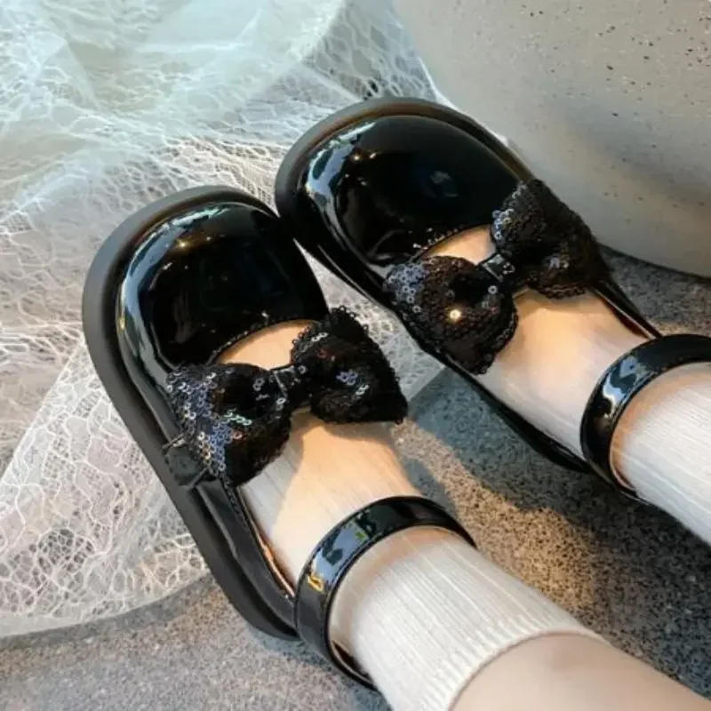 Description Picture 5 of itemJogerli Fashionable School Student Boots Autumn Winter New Item Sequined Bow Baby Girl British Style Roman Loafer Flats