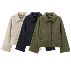 European and American style women's short jacket 2024 autumn new style casual simple fashion loose collared felt jacket