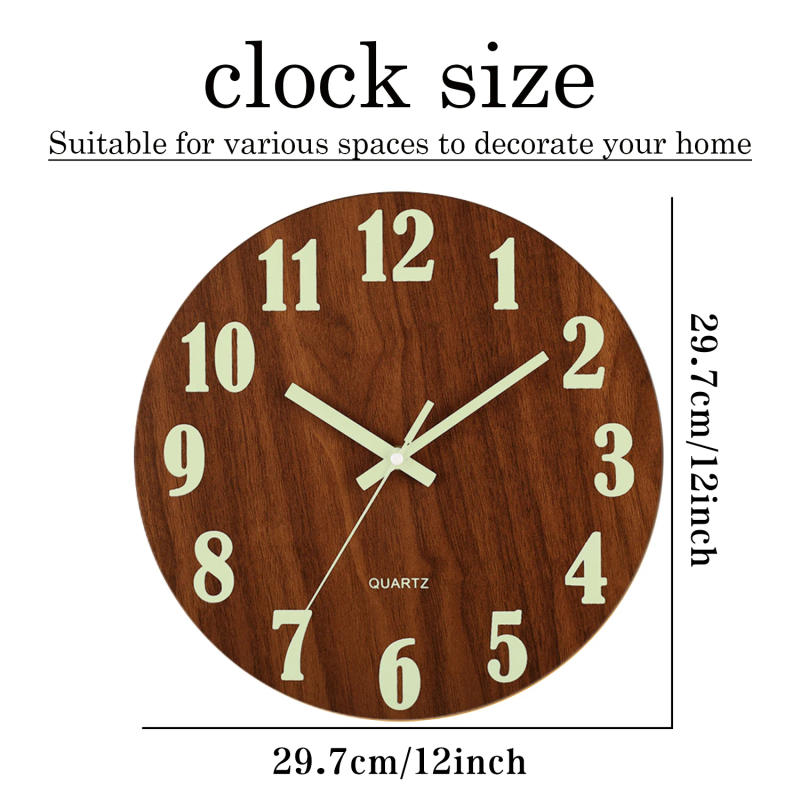 Description Picture 2 of item12 Inch Luminous Wall Clock Wood Silent light in dark night Nordic Fashion Wall Clock Non Ticking Clock With Night Light