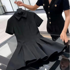 Oversized Hepburn Style Elegant Socialite Black Polo Collar Short Sleeve Dress Summer New Fashion Slim Fit Elegant Ladies Dress