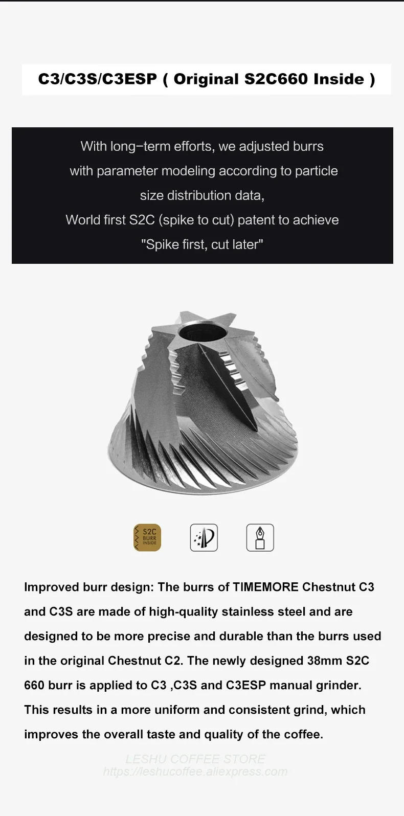 Description Picture 6 of itemTIMEMORE Chestnut C3S / C3ESP Manual Coffee Grinder Upgrade All-metal Body & Anti-slip Design Portable Grinder S2C Burr Inside