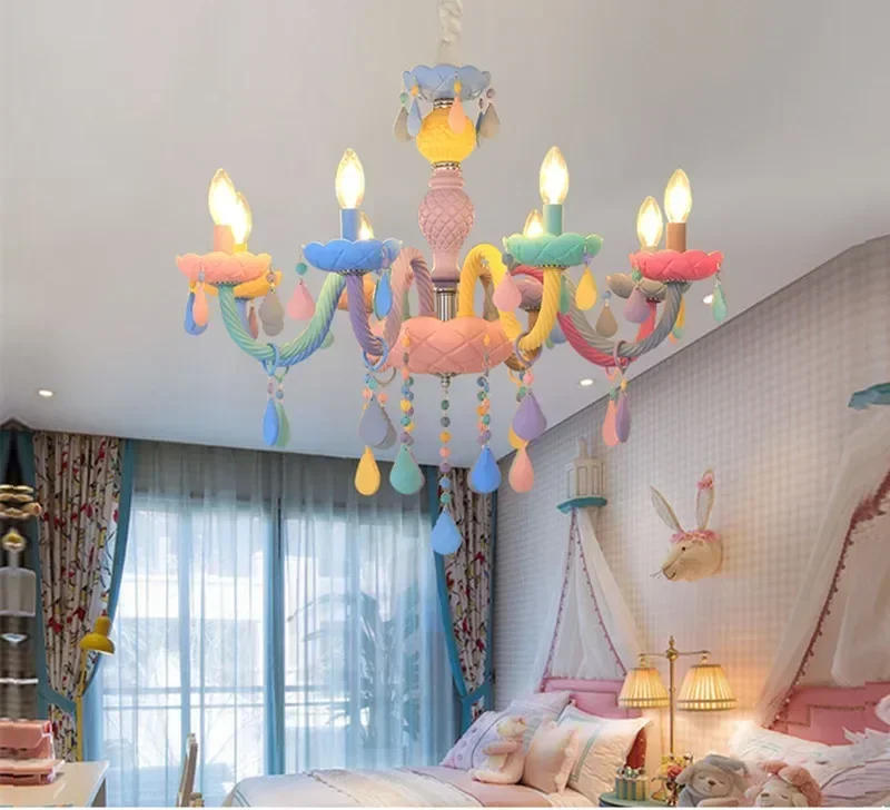 Description Picture 3 of itemModern Macaron Colorful Crystal Chandelier Rainbow Candle Lustres American Girl Princess Children Room Luminaire Light Fixtures