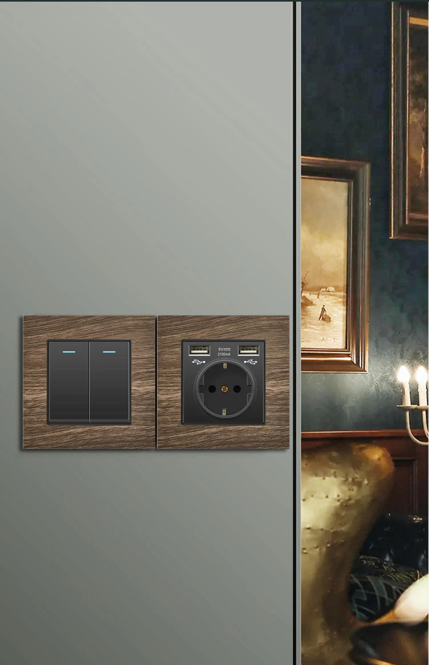 Description Picture 6 of itemRetro Wood grain Wall Light Switch,18W Fast Type C Wall 220V Power Outlet plug,EU FR European Electrical socket with USB Charger