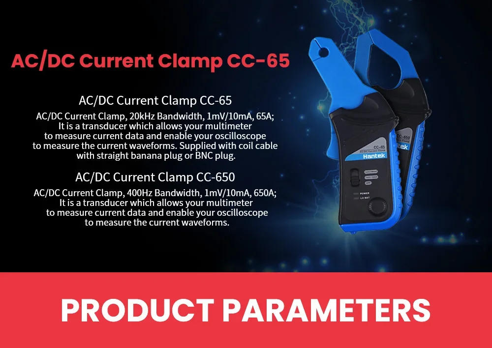 Description Picture 3 of itemAC/DC Current Clamp Meter Hantek Oscilloscopes CC65 CC650 AC/DC 20KHz 400Hz Bandwidth 1mV/10mA 65A/650A with BNC plug