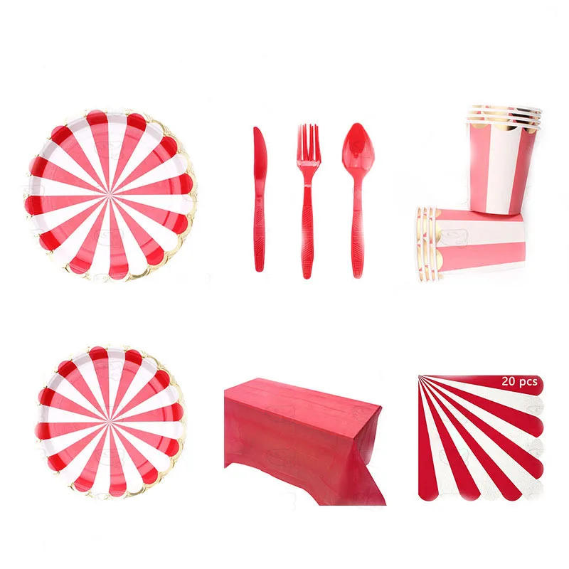 Description Picture 5 of itemCircus Birthday Party Decor Red White Striped Disposable Tableware Sets Plates Cups PE Tablecloth Napkin Knives Forks Supplies