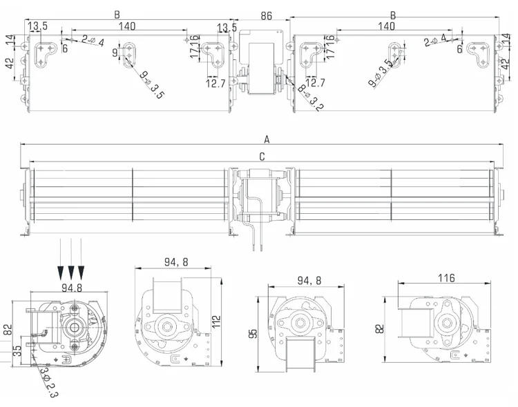 Description Picture 2 of item60mm AC mini single double triple impellers Cross Flow Fan Tangential blower air curtain for pellet stoves,electric fireplace