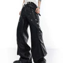 Punk Style Avant-Garde Metal Rivet Techwear Tooling PU Leather Pants Large Pocket Wide Leg Loose Bell-Bottom Pants Trousers Men