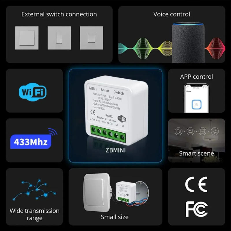 Description Picture 6 of item16A/20A Mini Tuya Smart Wifi Switch DIY Module 2-Way Control 433MHz Wireless Switch Smart Life APP Works With Alexa Google Home