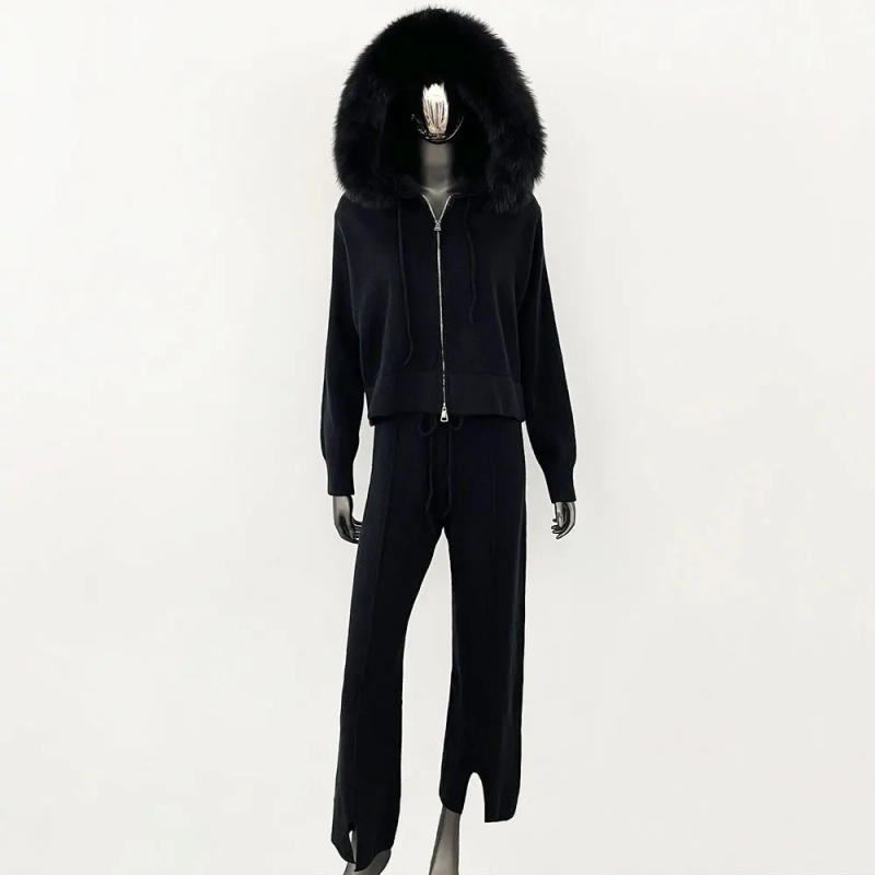 Description Picture 6 of itemKnitwear 2024 Autumn and Winter Fashionable Sweater Suit Women Trousers Hooded Jacket with Detachable Fox Fur Collar Fur Coat