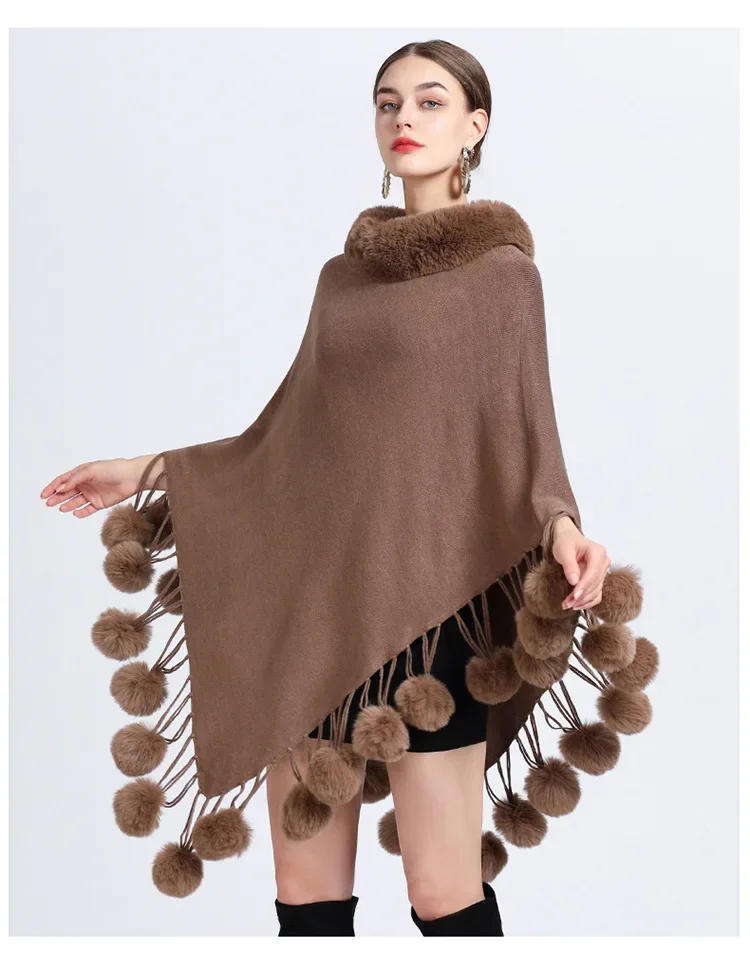 Description Picture 5 of item5 Colors Winter Faux Rabbit Fur Tassel Pompo Oversize Pullover Shawl Streetwear Coat Women O Neck Bottom Ball Loose Poncho Cappa
