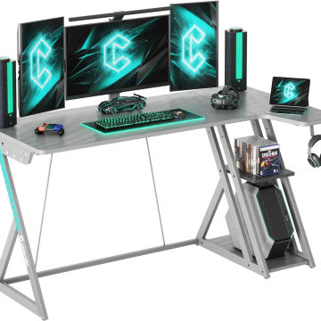 L Shaped Carbon Fiber Surface Desk With Storage Shelves Gaming Desk With LED Lights & Power Outlets Free Shipping Computer Table