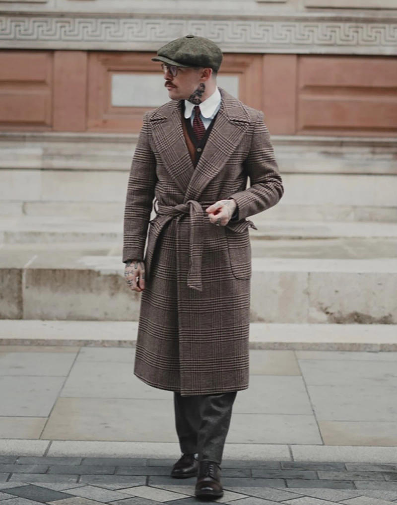 Description Picture 4 of itemPlaid Wool Men's Suit Tailor-Made One Piece Overcoat With Belt Brown Wide LapelWarm Fashion Business Wedding Groom Prom Tailored