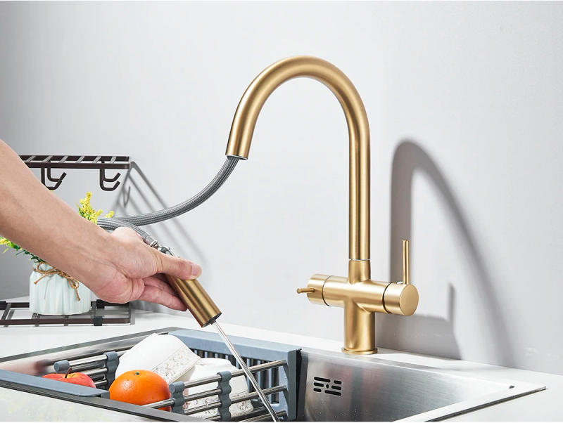 Description Picture 5 of itemBrushed Gold Kitchen Water Filter Faucet Dual Spout Pure Drinking Water Mixer Tap Rotation Water Purification Feature Taps Crane