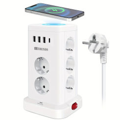 [Wireless Charger] 11-Way Power Socket, Multi-Way Socket with Sensor Charging Station, Surge Protection Socket Tower with 3 Usb-A, 1 Usb-C and Switch for Office, Kitchen, Dining Table, 2m Cable