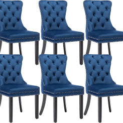 Blue，Velvet Dining Chairs Set of 6, Upholstered High-end Tufted Dining Room Chair with Nailhead Back Ring Pull Trim Solid Wood L