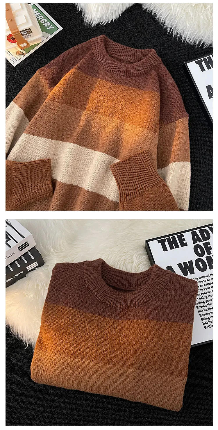 Description Picture 4 of item2024 Men's Autumn Winter Korean Long Sleeve Sweater Tops Male Round Neck Loose Knit Top Men Contrast Color Striped Jumpers S117