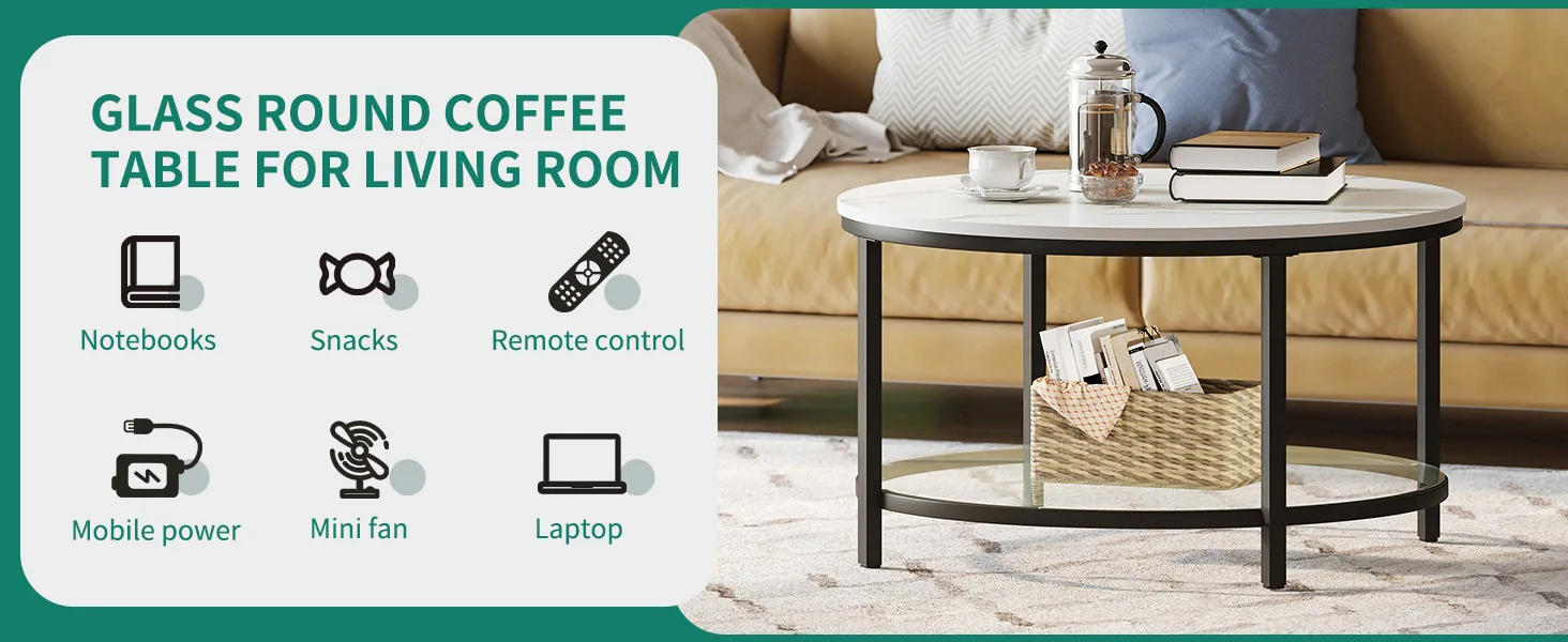 Description Picture 3 of itemMarble Round Coffee Table with Glass for Living Room,2-Tier Circle Coffee Table with Storage,Simple Modern Center Cocktail Table