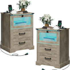 Rustic Oak Farmhouse Nightstand Set of 2 with LED Lights, Charging Station & Cubby Bedroom Furniture Storage Organizer