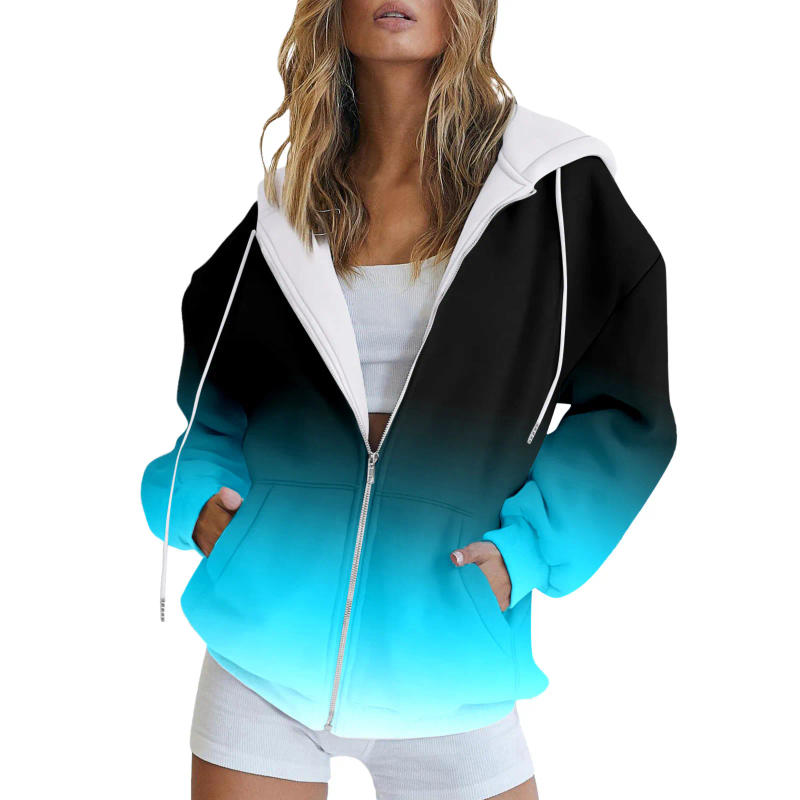 Description Picture 5 of itemWomen Hooded Drawstring Casual Jacket Sweatshirt Gradient Color Coats With Pockets Zip Up Loose Outerwear Fashion Hoodies