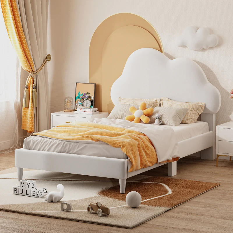 Description Picture 2 of itemTwin Size Upholstered Cloud-Shape Bed ,Velvet Platform Bed with Headboard,No Box-spring Needed,Beige/Pink.