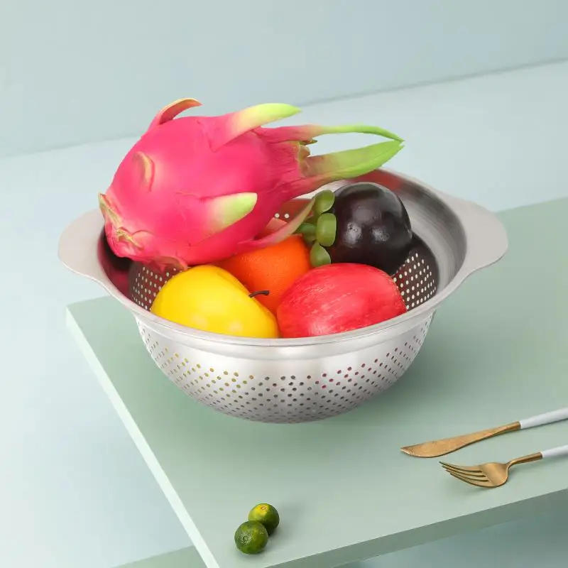 Description Picture 2 of itemRice Basket Sieves Strainers Cooking Kitchen Handle Silicone Sink Pasta Drainer Colander Stainless Steel Pot