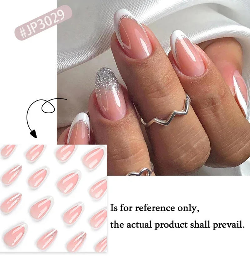 Description Picture 3 of itemElegant French Noble Gold Glitter Powder White Simple Almond Fake Nails Art False Nails Charm Tips Press on Nails Manicure Tools