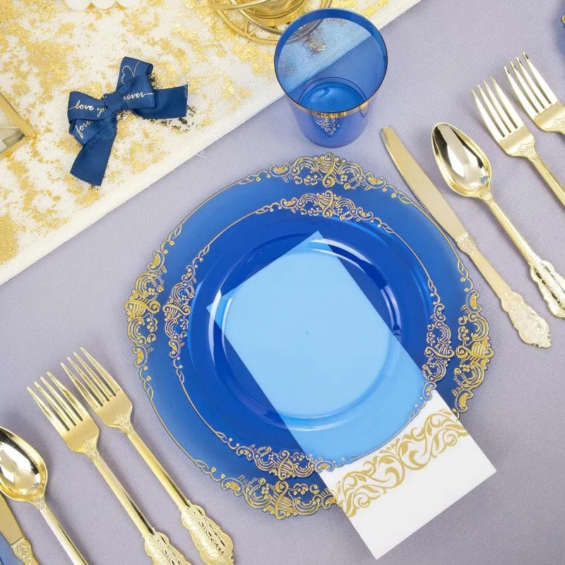 Description Picture 4 of item350PCS Blue Plastic Plates - Blue Plastic Dinnerware Sets for 50 Guests - 100 Blue Disposable Party Plates