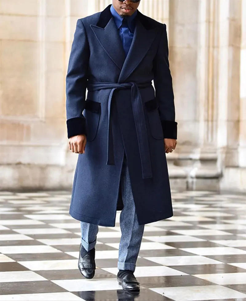 Description Picture 2 of itemMen's Woolen Coat Velvet Splicing Lapel Collar Flap Pockets Lace Up Overcoat Elegant Gentleman Business Casual Men's Clothing