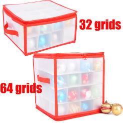 64 32 Compartment PP Christmas Ornament Storage Box with Zipper Tote Box Store Up 3-inch Christmas Ornaments Xmas Ball Storage