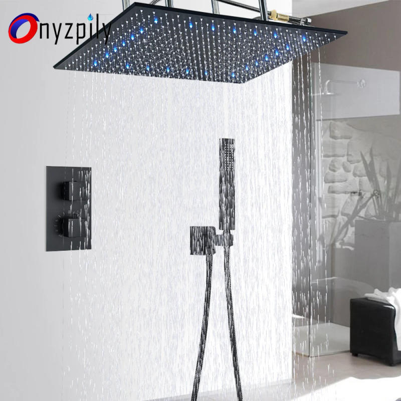 Description Picture 4 of itemBlack LED Thermostatic Bathroom Shower Faucet Set Large Rainfall Bathtub Shower System Mixer Tap Ceiling Mounted Button Faucet