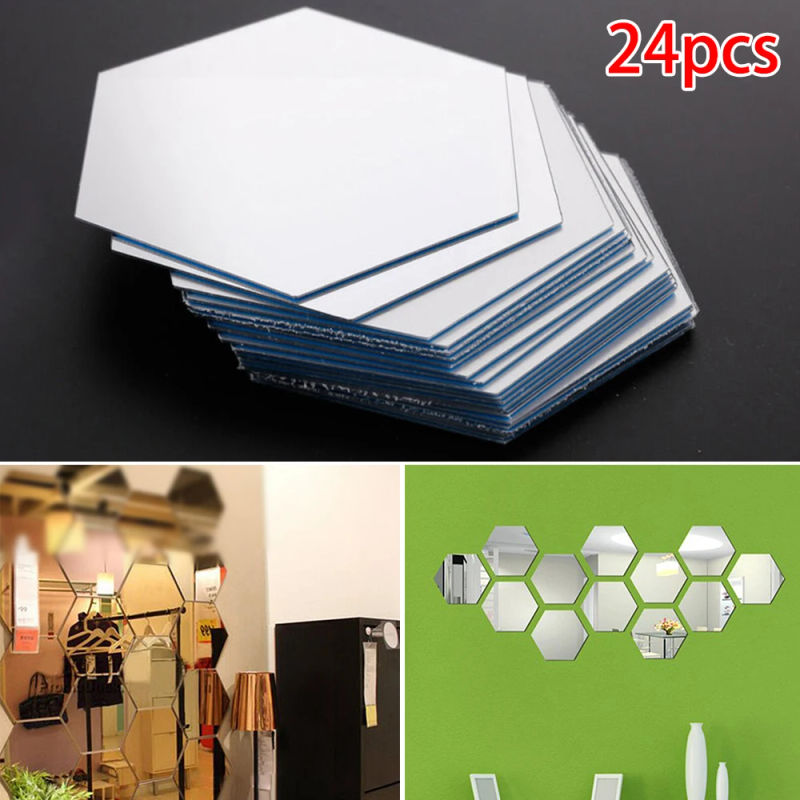 Description Picture 2 of item24pc Mirror Sticker Acrylic Wall Stickers Hex Self-Adhesive Mosaic Tiles DIY Bathroom Home Decor 80x70x40mm 3D Bedroom DIY Decal