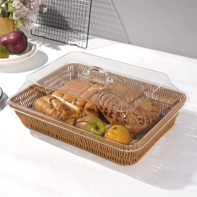 Description Picture 6 of itemWoven Rattan Basket Bread Basket with Acrylic Lid Tabletop Food Serving Basket Woven Fruit Basket with Cover Imitation Rattan